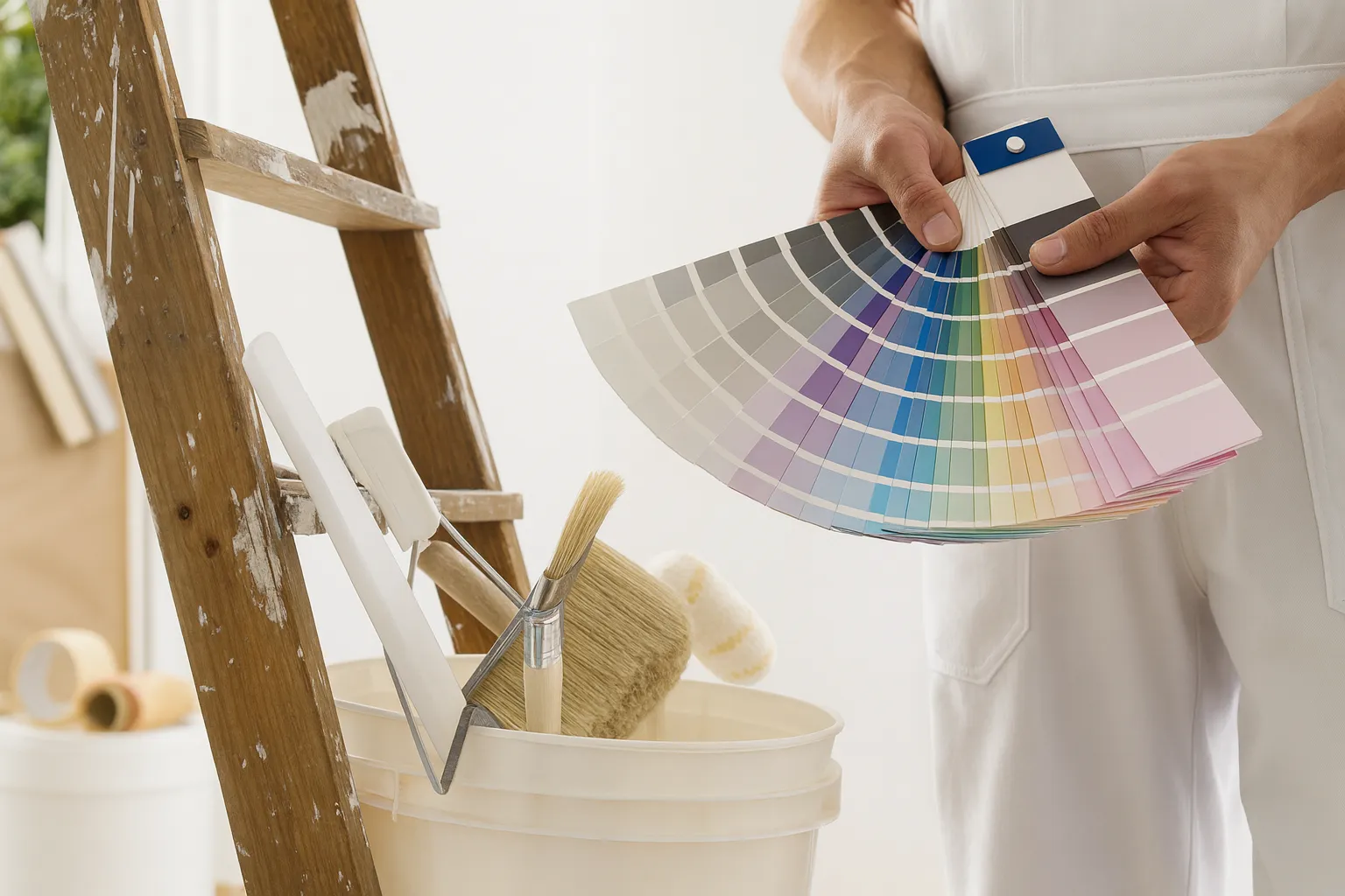 Person hält Farbpalette vor Farbeimern und Malerwerkzeugen an einer Leiter.